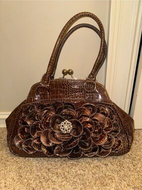 Brown Floral Appliqué Faux Croc Satchel Bag